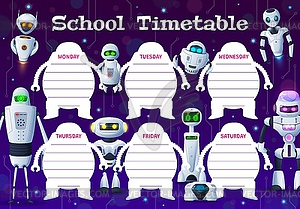 Education timetable schedule cartoon robots, bots - vector clip art