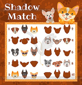 Shadow match game with cartoon puppies and dogs - vector image