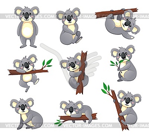 Cartoon koala bear characters eating and playing - vector image