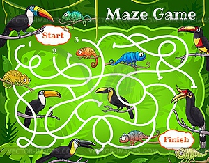 Labyrinth maze game, tropical animals in jungles - vector clip art