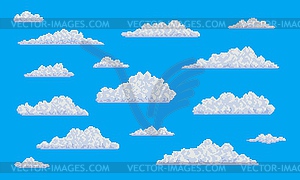 White pixel fluffy clouds on sky, 8 bit art game - vector image