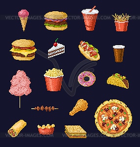 8 bit pixel art fast food and drinks icons - vector clipart