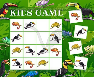 Kids sudoku riddle game toucans and chameleons - vector image