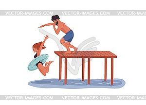 Guy and girl in float ring jumping of pier - vector clip art