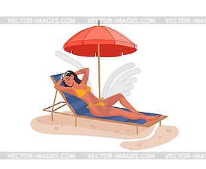 Молодая женщина расслабляется, отдыхает на летнем пляже - векторный графический клипарт