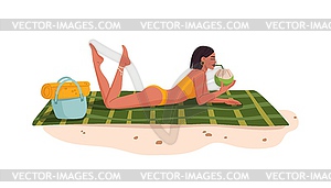 Красивая женщина пьет коктейль на пляже - векторное изображение