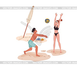 Boy and girl playing volleyball on seacoast beach - vector image