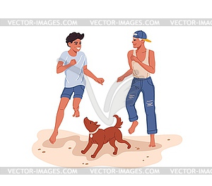 Два мальчика бегают по пляжу и играют с собакой - клипарт в векторном формате