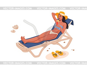 Young pretty woman drinking cocktail on beach - vector image
