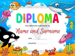 Kids diploma, underwater cartoon animals and fish - vector image