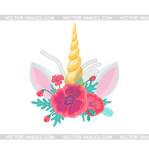 Floral bouquet, unicorn head with horn and ears - vector clipart