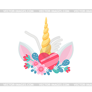 Spring flowers bouquet, unicorn head with ears - vector image