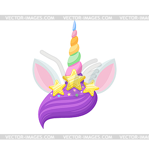 Unicorn head with hair bang, horn and ears, stars - vector clip art