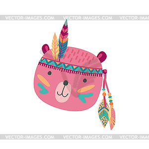 Bear animal face mask with tribal feathers isolate - vector image