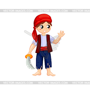 Cartoon boy pirate, happy smiling kid corsair - vector clip art