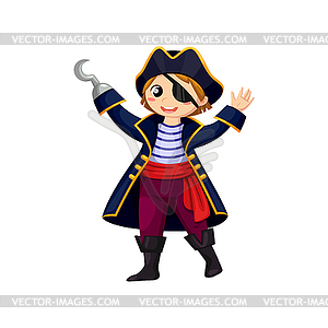 Cartoon boy pirate with hand hook, kid - vector image