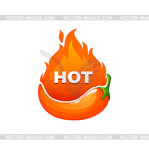 Chili pepper spicy food label on orange fire flame - vector clipart