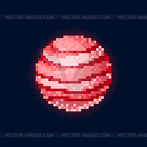 Pink planet in outer space, pixel art globe circle - vector image