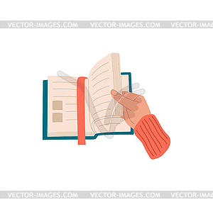 Diary textbook book with bookmark in person hand - vector image