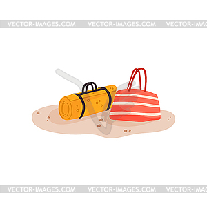 Bag and sack on summer golden sand vacation object - vector clip art