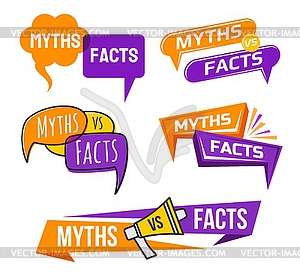 Myths vs facts icons, truth and false facts badges - vector image