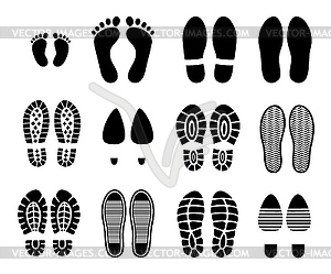 Shoe footprint, boot sole and barefoot tracks - vector image