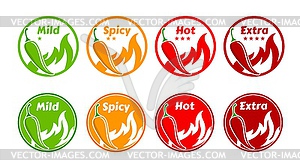 Spicy level labels with fire flames, chili peppers - vector EPS clipart