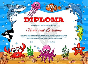 Детский диплом с подводным мультяшным морским животным - векторный дизайн