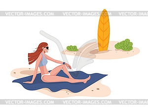 Young woman relaxing on beach with surfboard - vector clipart