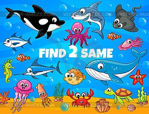 Найдите двух одинаковых подводных животных и рыб, игра - клипарт в формате EPS