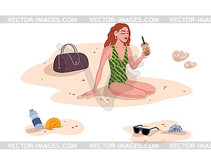 Young woman relaxing with bubble milk on beach - vector image