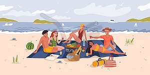 Picnic on summer beach, people on sea vacations - vector clipart