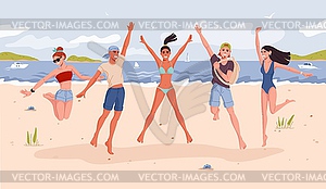 Group of young people jumping on beach at sea - vector image
