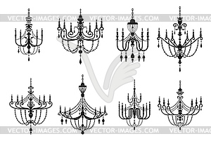 Силуэты люстр, хрустальные канделябры для ламп - векторное графическое изображение