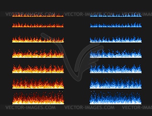 Pixel art fire game animation, blue and red flames - vector image