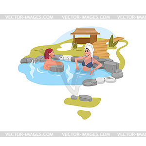 Япония онсен, женщины отдыхают в бассейне с горячими источниками - векторизованный клипарт