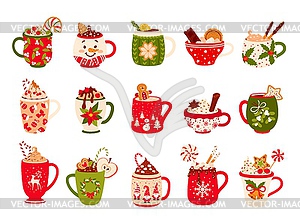 Christmas chocolate mugs and eggnog drink cups - vector image