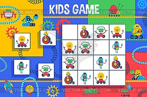 Sudoku kids game with cartoon robots and droids - vector clipart