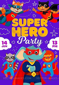 Kids superhero party flyer of cute cartoon animals - royalty-free vector clipart