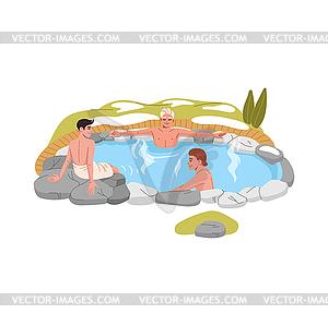 Japan onsen bath, men relaxing in hot spring pool - vector clip art