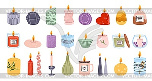 Aromatic spa and bathroom candles in glass, jars - vector image