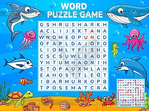 Underwater animals and fish word search puzzle - vector image