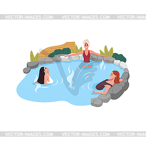 Japan onsen, women relaxing in hot spring bath - vector image