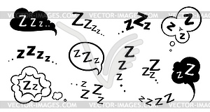 Zzz Zzzz bed sleep snore, snooze nap Z sound icons - vector image