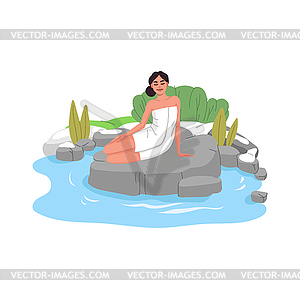 Japan onsen, woman in towel relax in spring bath - vector clipart