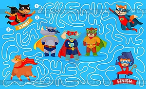 Labyrinth maze game with cartoon superhero animals - vector image