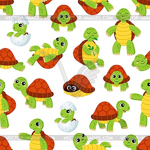 Cartoon baby turtle characters seamless pattern - vector image