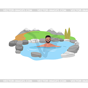 Japan onsen, young man relaxing in hot spring bath - vector clip art