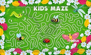 Labyrinth maze game with cartoon insect characters - vector image