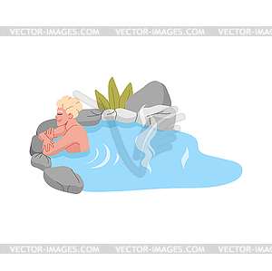 Japan onsen, man in hot spring thermal pool, bath - vector clipart